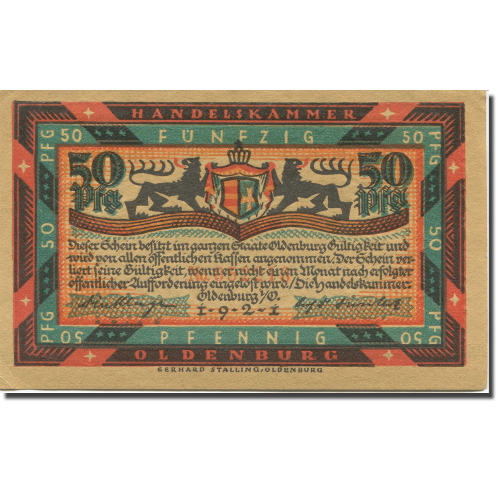 Banknote, Germany, Oldenburg, 50 Pfennig, Blason, 1921, AU(55-58), Mehl:1017.1b