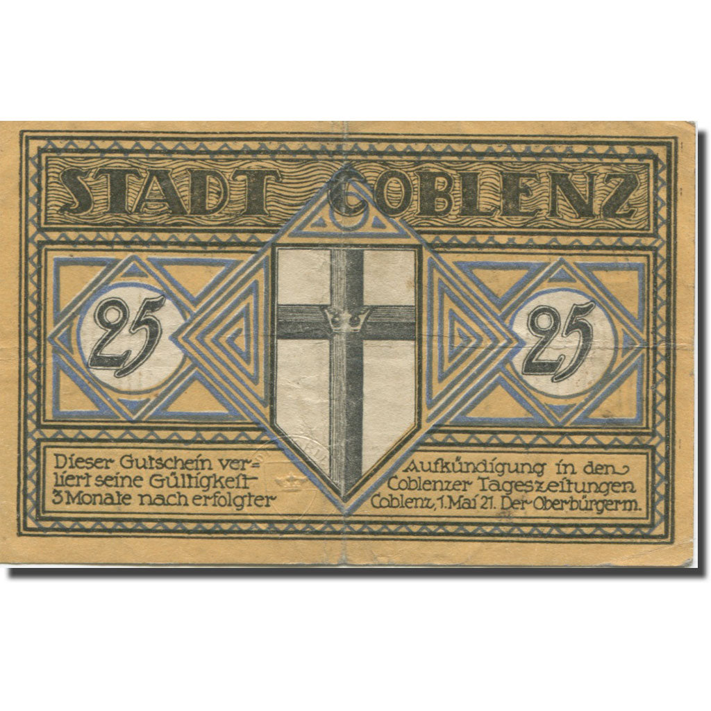 Banknote, Germany, Coblenz, 25 Pfennig, pont, 1921, EF(40-45) Mehl:233.1a