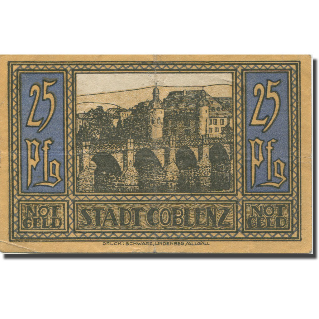 Banknote, Germany, Coblenz, 25 Pfennig, pont, 1921, EF(40-45) Mehl:233.1a