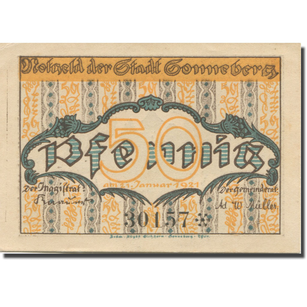 Banknote, Germany, Sonneberg, 50 Pfennig, château, 1921 UNC(63) Mehl:1244.1a