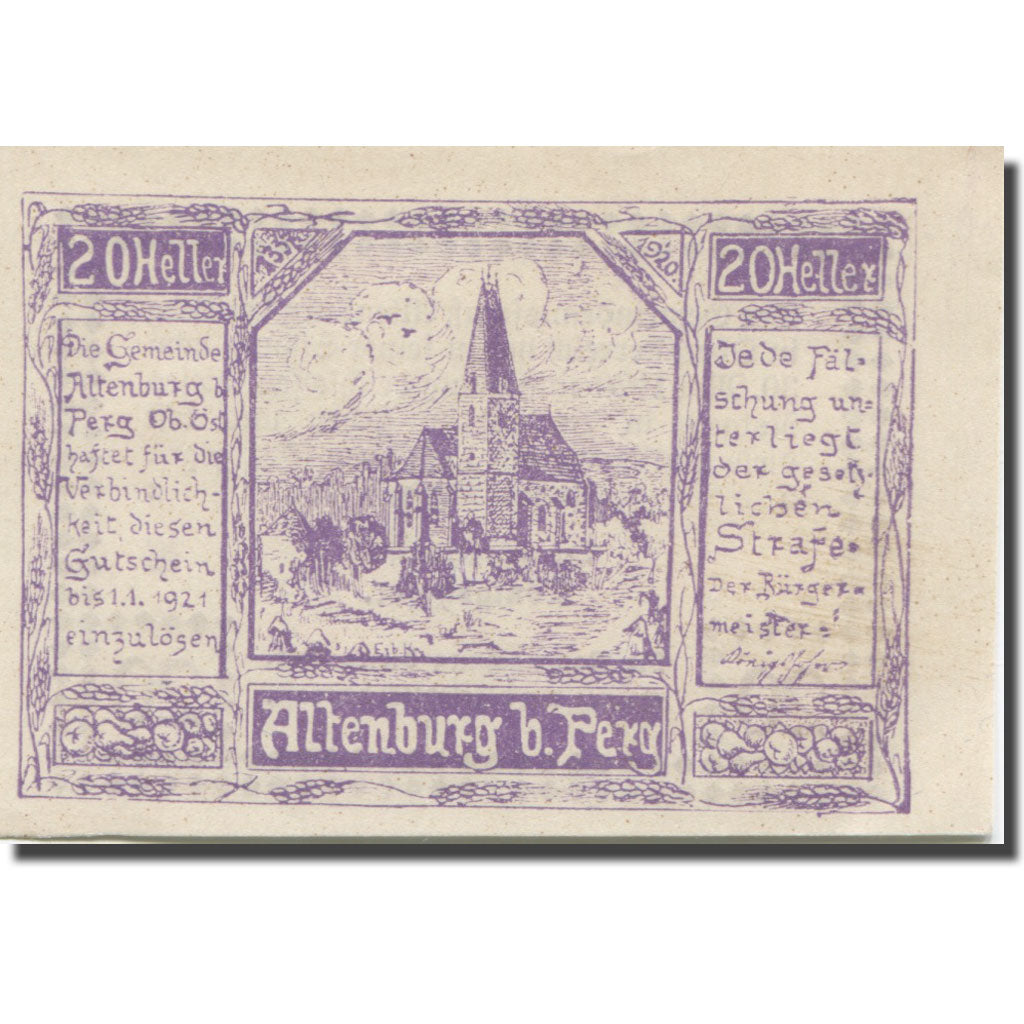 Banconote, Austria, Altenburg, 20 Heller, Eglise 1921-01-01, SPL Mehl:FS 26b