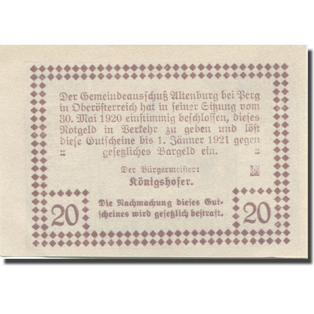 Banconote, Austria, Altenburg, 20 Heller, Eglise 1921-01-01, SPL Mehl:FS 26b