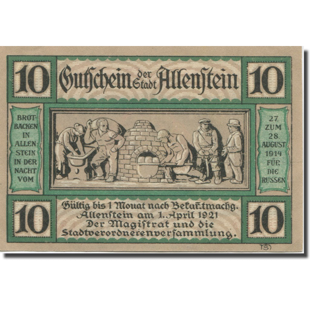 Banknote, Germany, Allenstein, 10 Pfennig, Usine, 1921, UNC(63) Mehl:13.2a