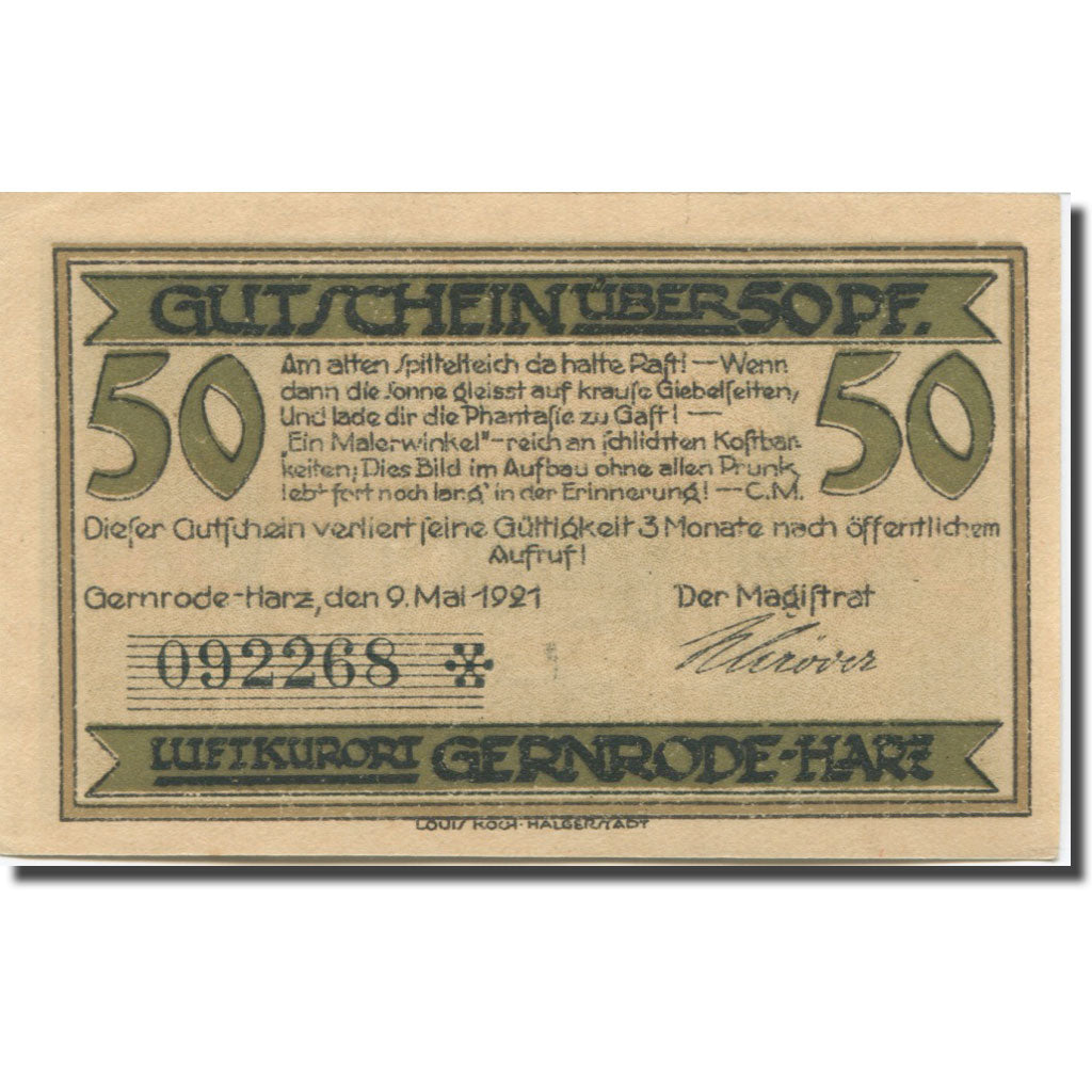 Banknote, Germany, Gernrode-Harz, 50 Pfennig, rue, 1921 UNC(63) Mehl:423.2a
