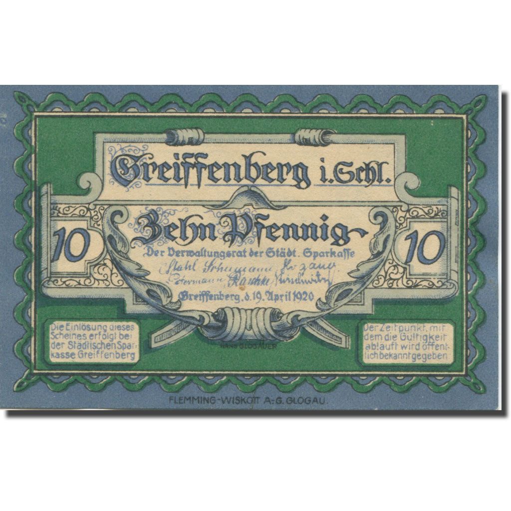 Banknote, Germany, Greiffenberg, 10 Pfennig, ruine, 1920 UNC(63) Mehl:470.1