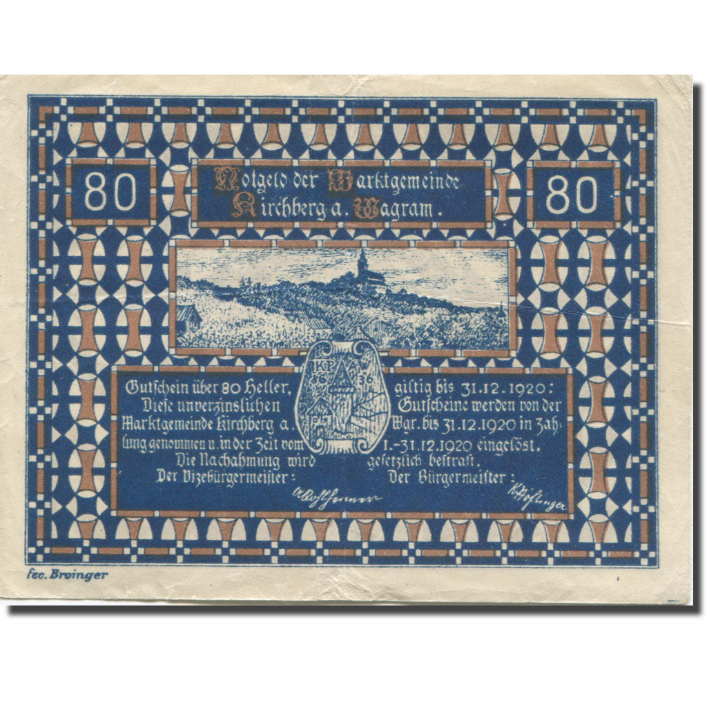 Banknote, Austria, Kirchberg, 80 Heller, Blason, 1920 EF(40-45) Mehl:439IIa