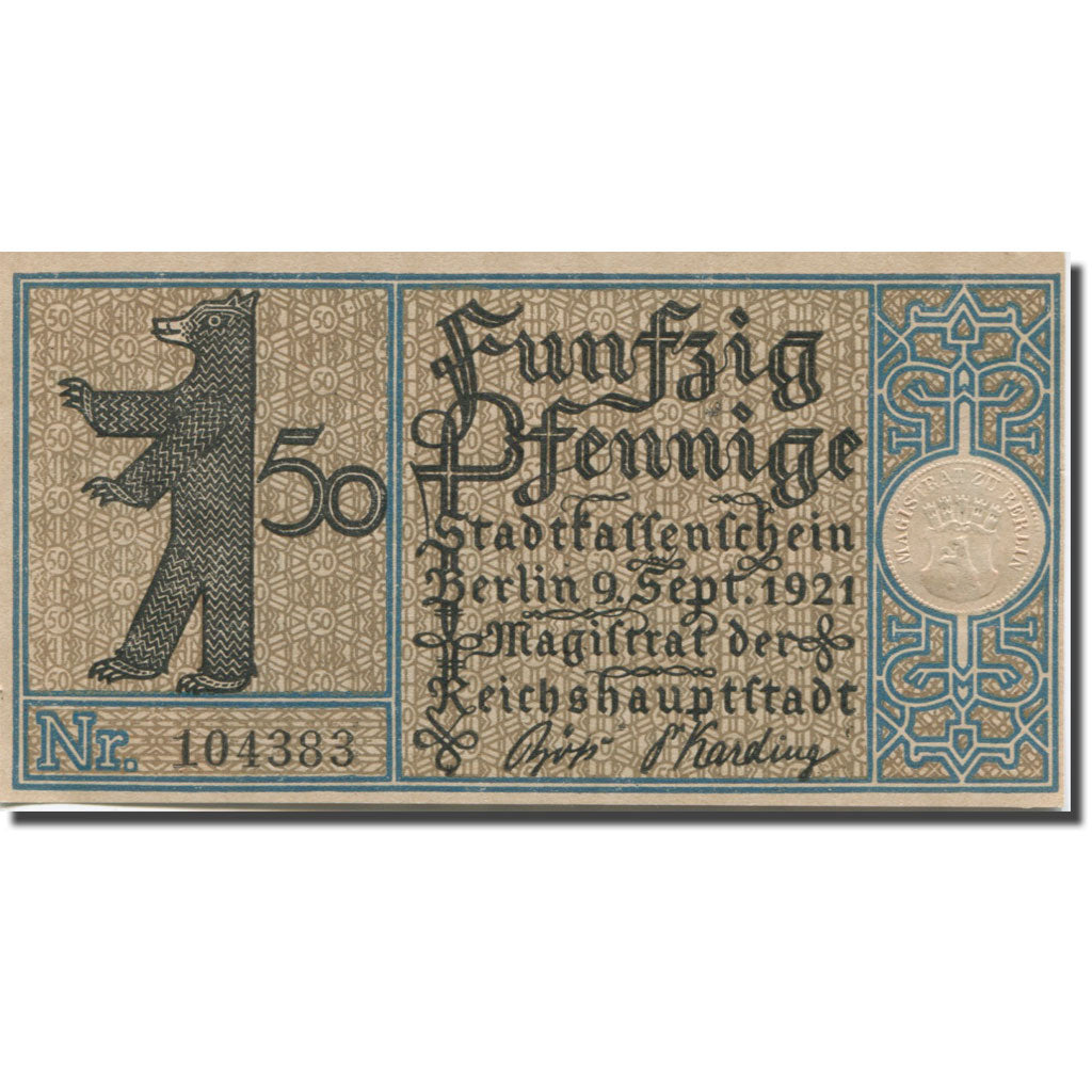 Banknote, Germany, Berlin, 50 Pfennig, moulin 1921-09-09, UNC(63) Mehl:92.1