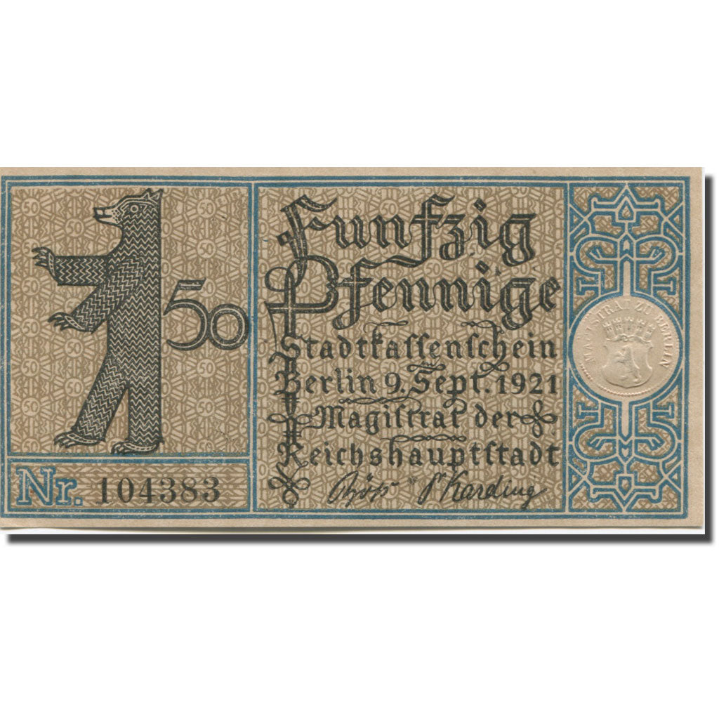 Banknote, Germany, Berlin, 50 Pfennig, fleuve 1921-09-09, UNC(63) Mehl:92.1