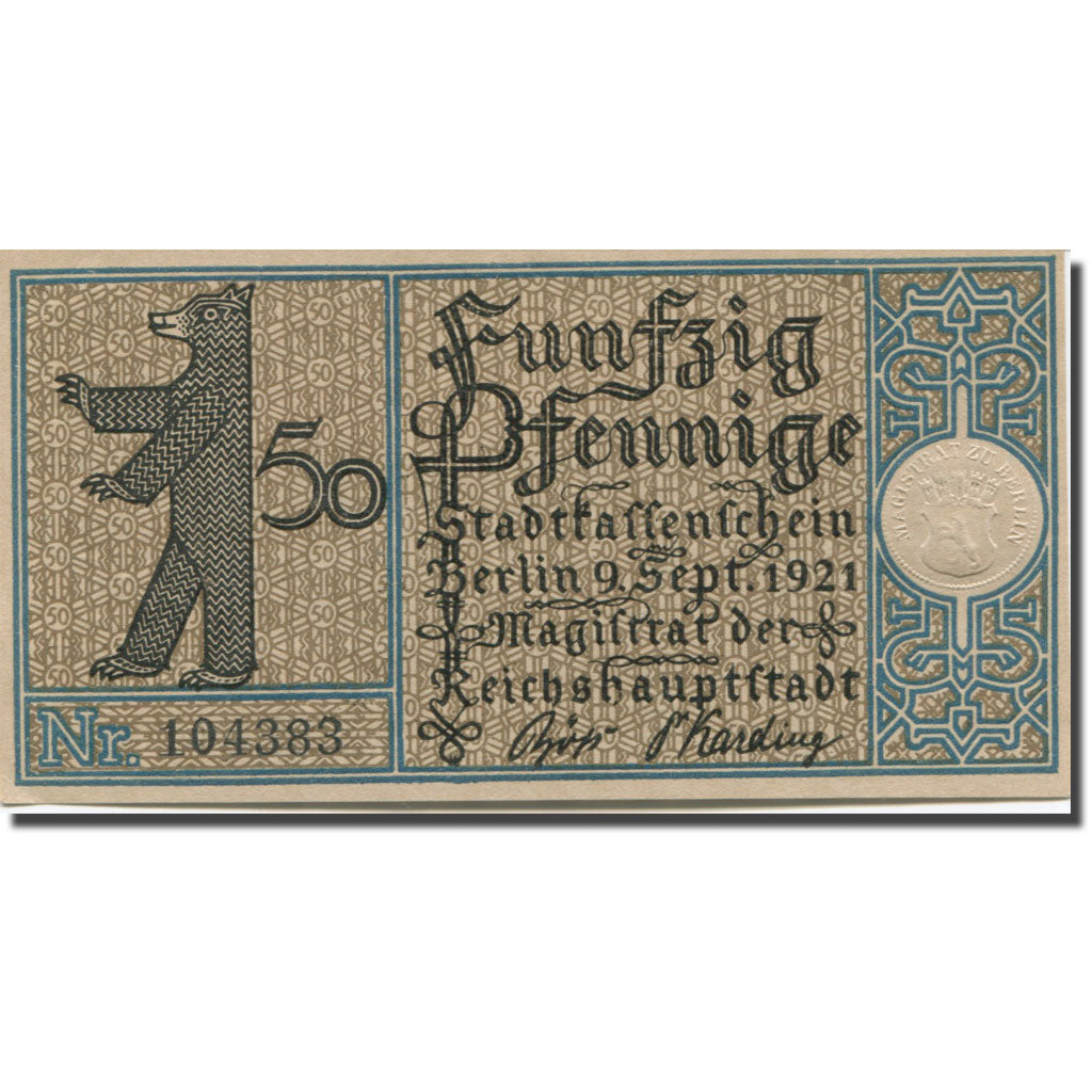 Banknote, Germany, Berlin, 50 Pfennig, champs, 1921-09-09, UNC(63) Mehl:92.1
