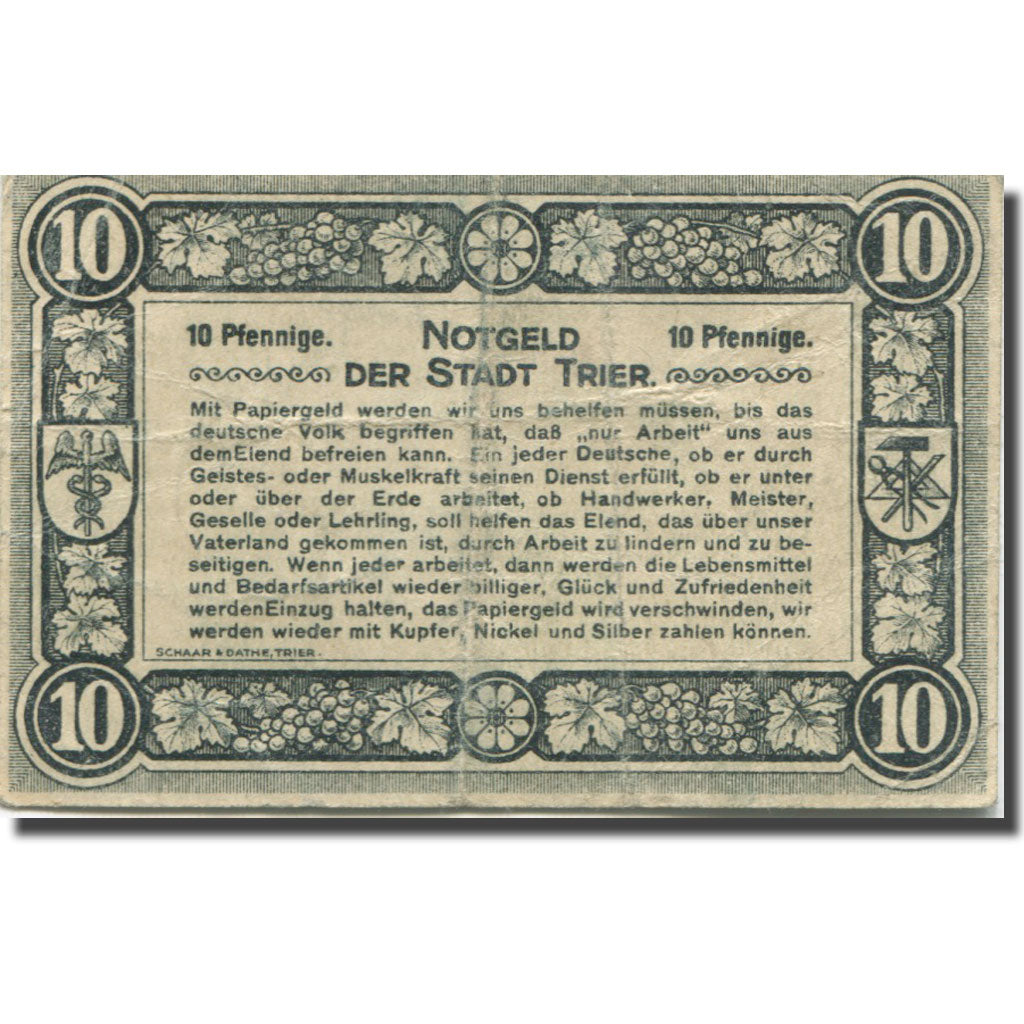 Banknote, Germany, Trier, 10 Pfennig, Blason 1920-06-01, EF(40-45) Mehl:T27.8