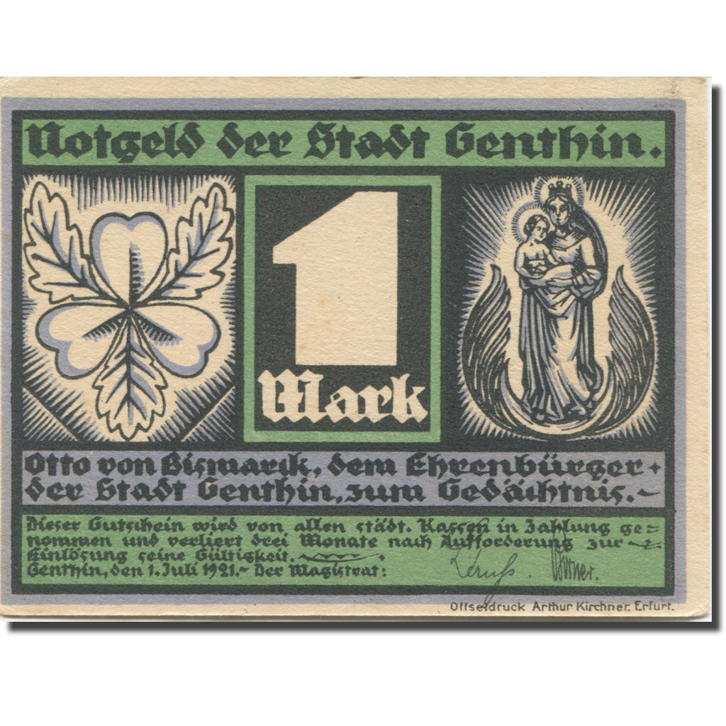 Banknote, Germany, Genthin, 1 Mark, personnage 2, 1921, AU(55-58) Mehl:419.2