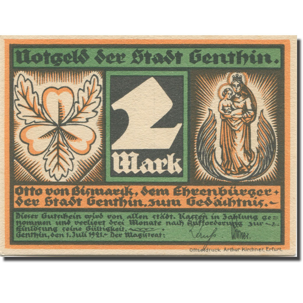 Banknote, Germany, Genthin, 2 Mark, personnage 4, 1921, UNC(63) Mehl:419.2