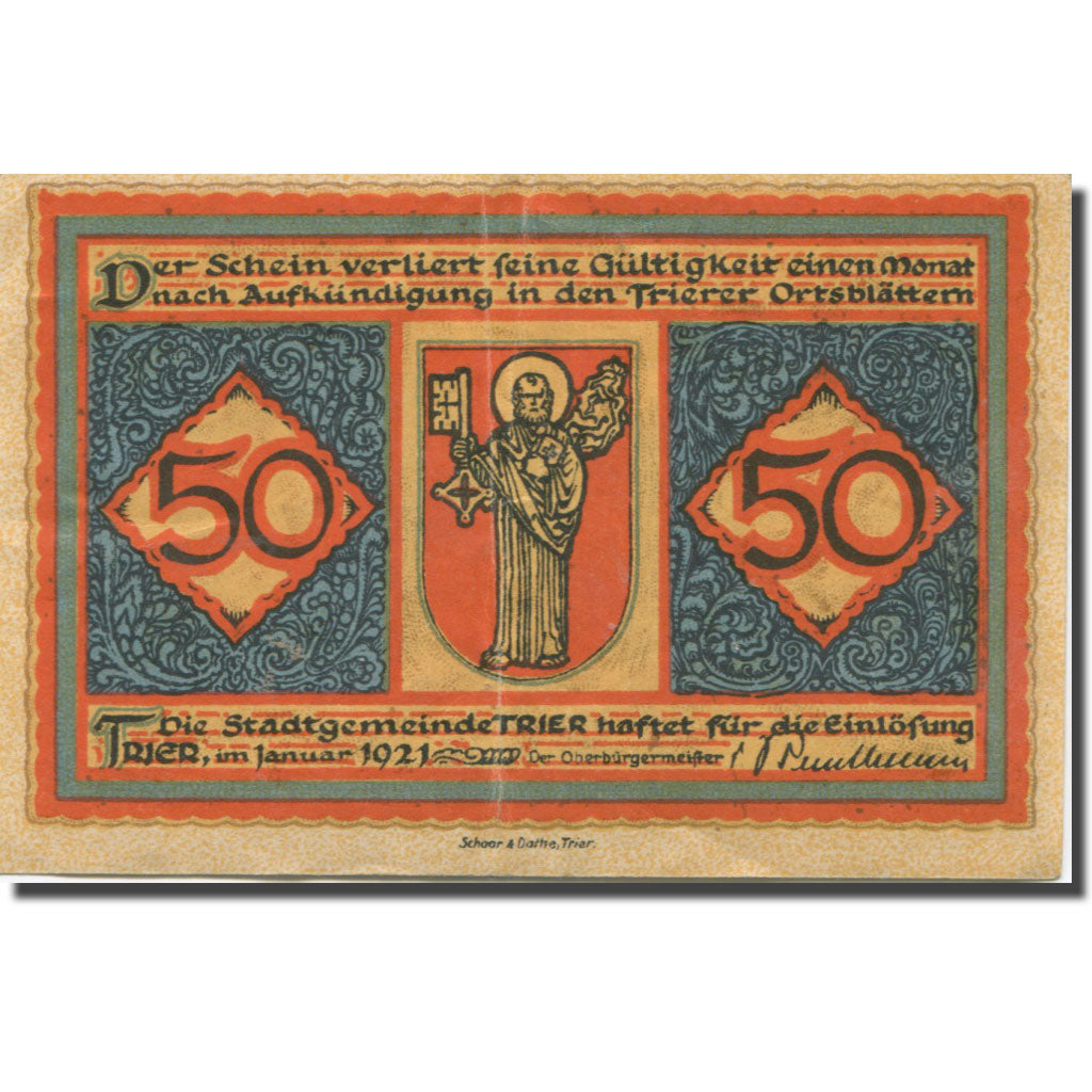 Banknote, Germany, Trier, 50 Pfennig, personnage, 1921, EF(40-45), Mehl:T27.9