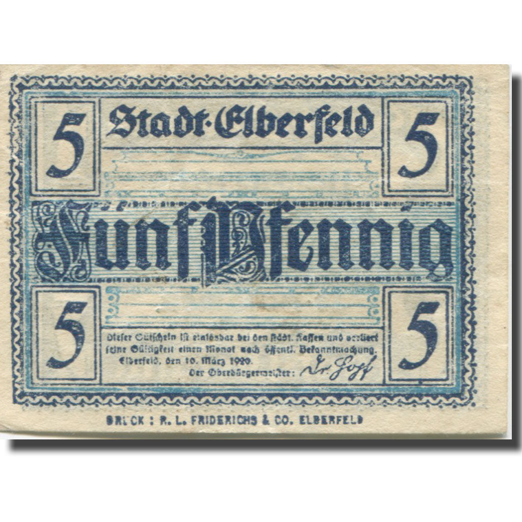 Banknote, Germany, Elberfeld, 5 Pfennig, face value, 1920 AU(55-58) Mehl:E13.10