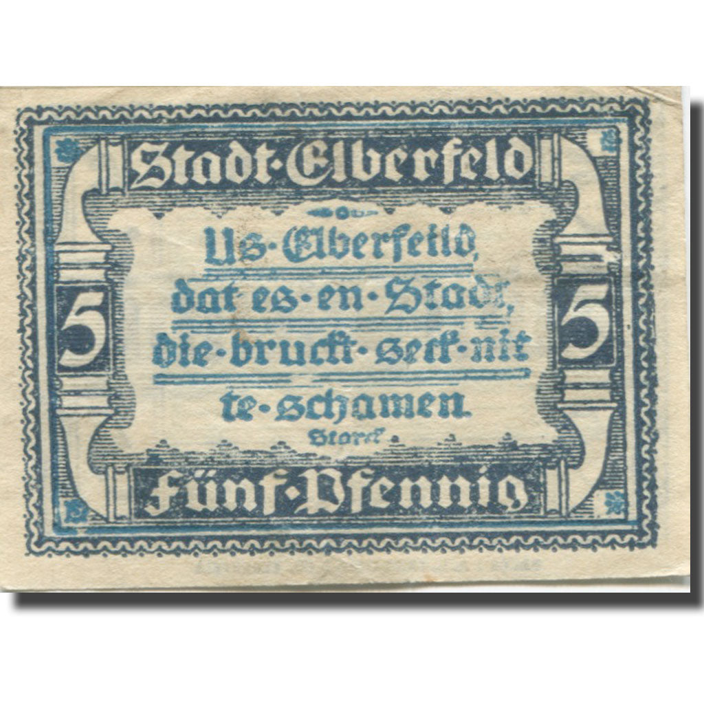 Banknote, Germany, Elberfeld, 5 Pfennig, face value, 1920 AU(55-58) Mehl:E13.10