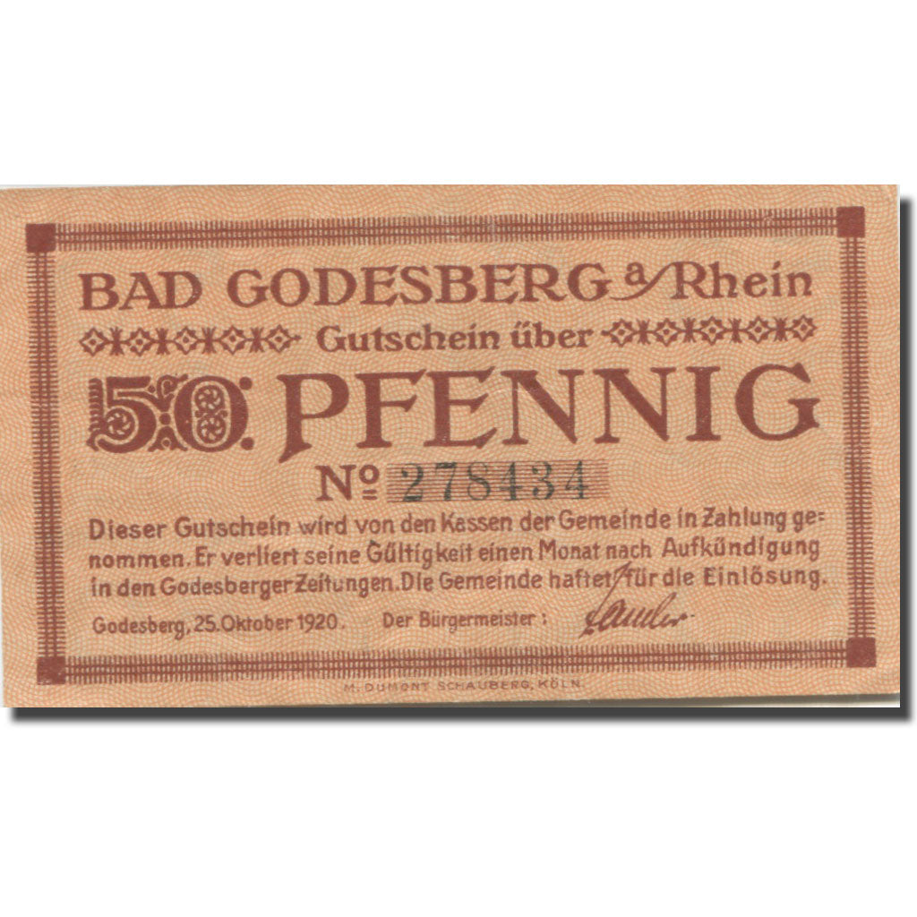 Banknote, Germany, Godesberg, 50 Pfennig personnage, 1920 AU(55-58)  Mehl:G22.1c