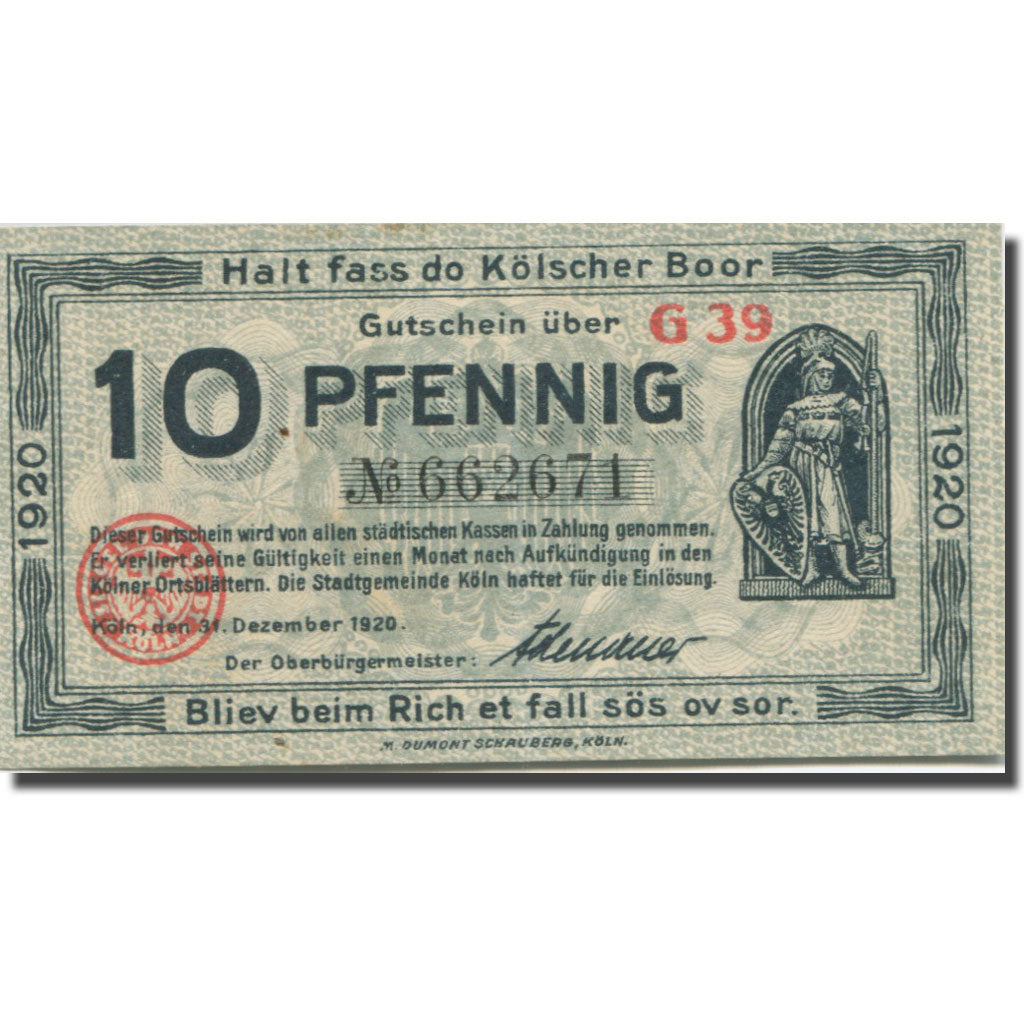 Banknote, Germany, Köln, 10 Pfennig, chevalier, 1920 UNC(63) Mehl:K30.15a