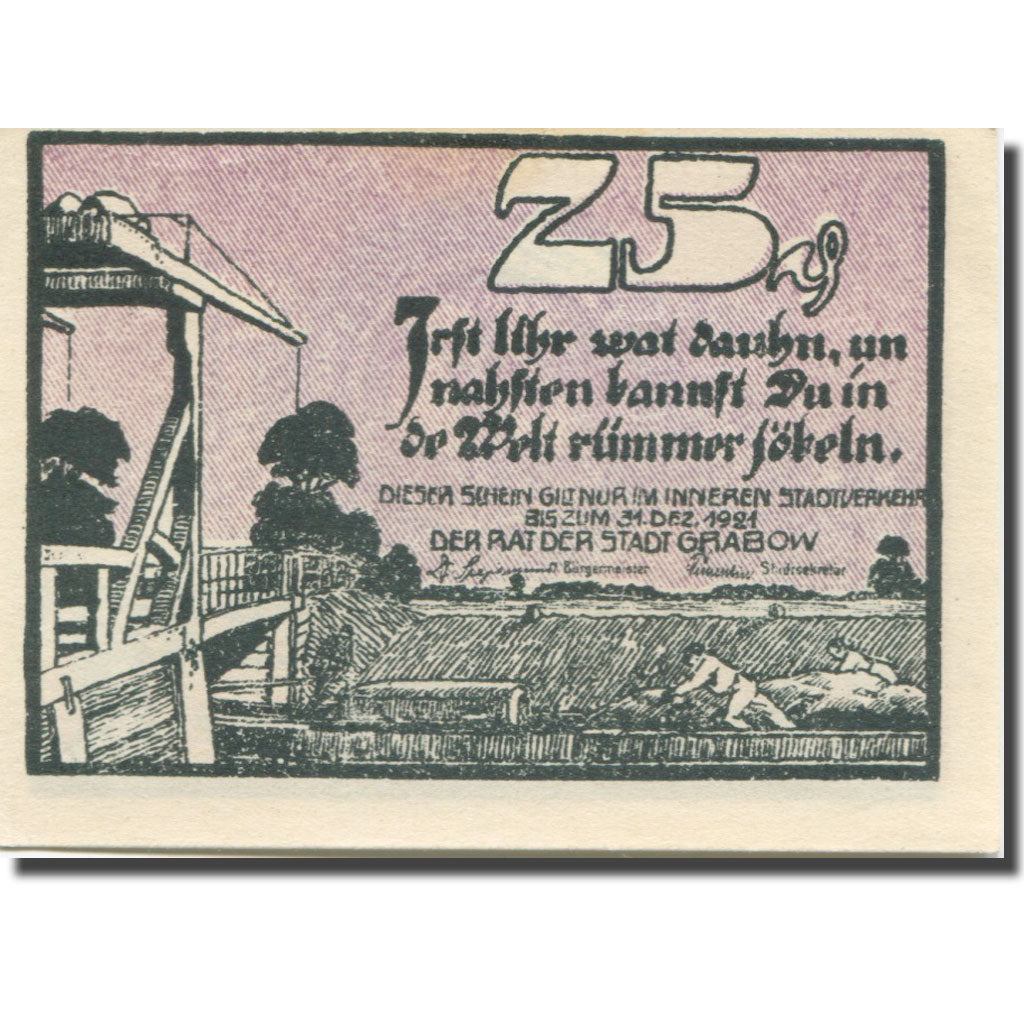 Banknote, Germany, Grabow, 25 Pfennig, personnage, 1921, UNC(63) Mehl:460.1