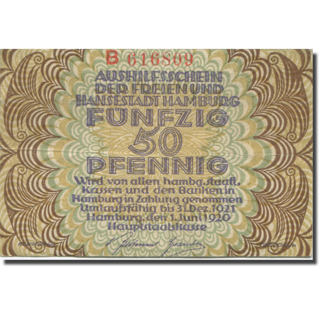 Banknote, Germany, Hamburg, 50 Pfennig, Lion, 1921 UNC(63) Mehl:H7.2a