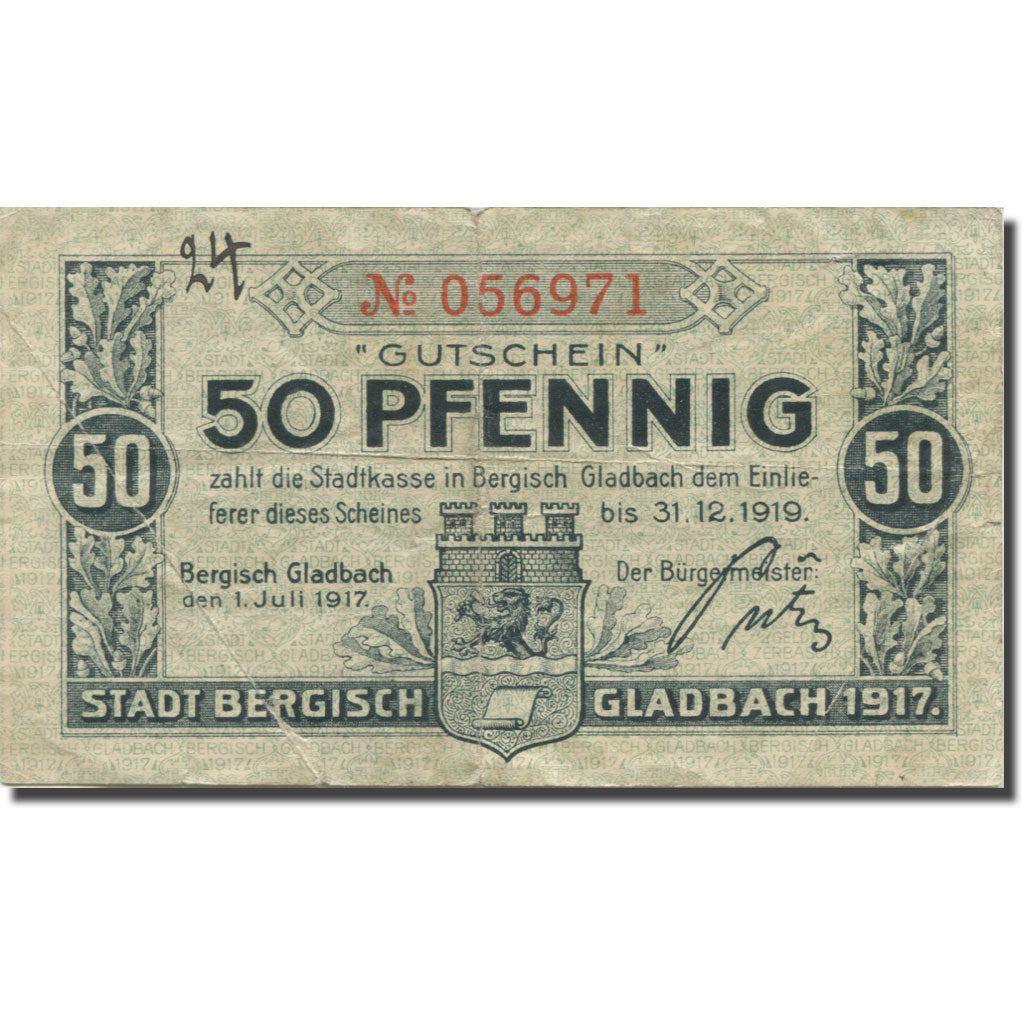 Banknote, Germany, B.-Gladbach, 50 Pfennig, Blason, 1919 VF(20-25) Mehl:B25.1c