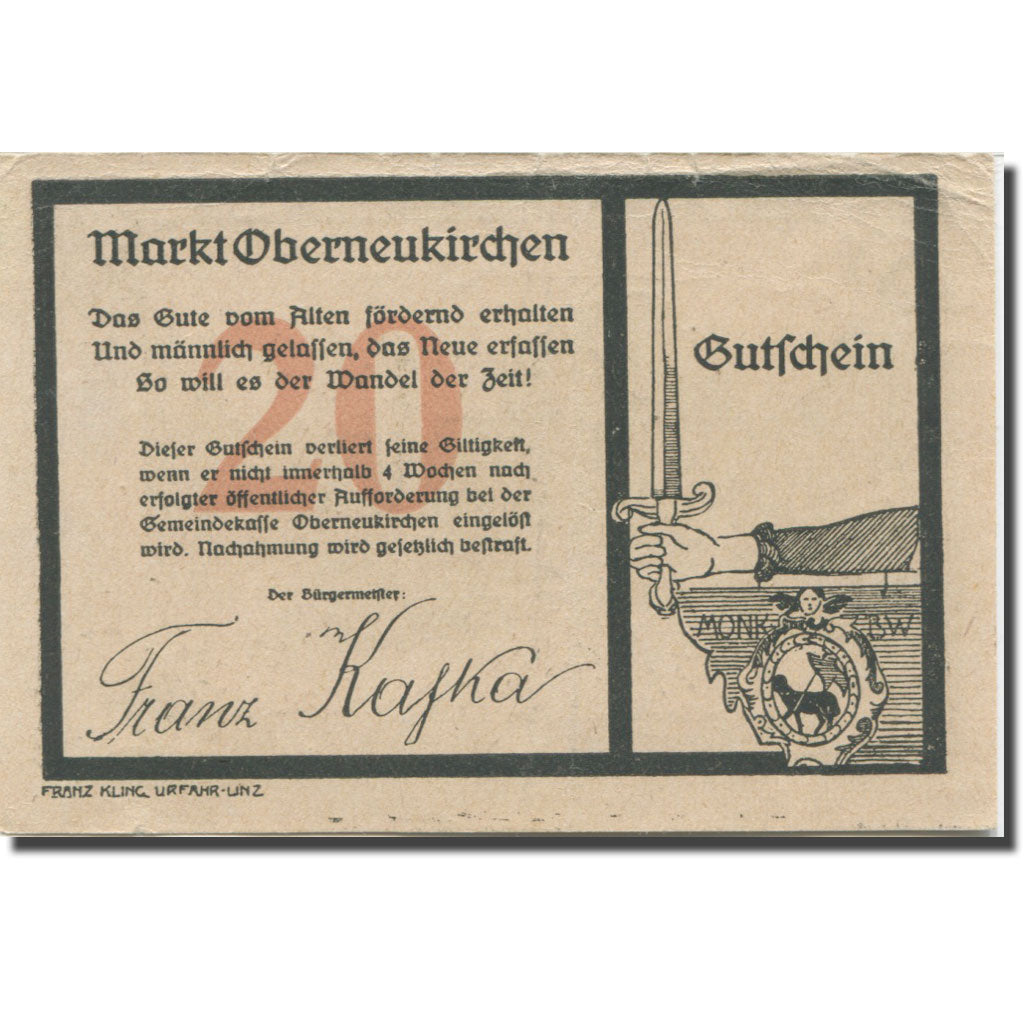 Billet, Autriche, Oberneukirchen, 20 Heller, épée, TTB, Mehl:FS 691b