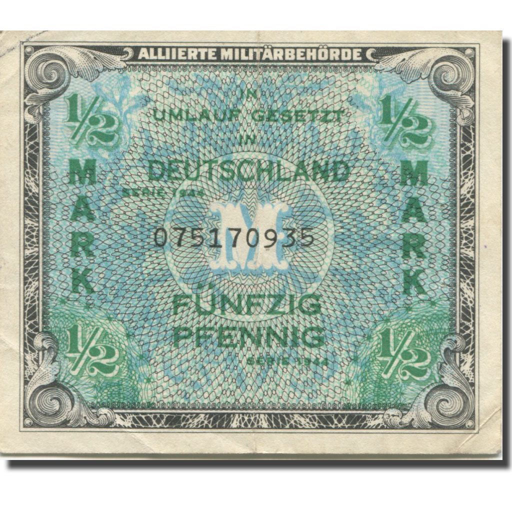 Banknote, Germany, 1/2 Mark, 1944, KM:191a, AU(50-53)