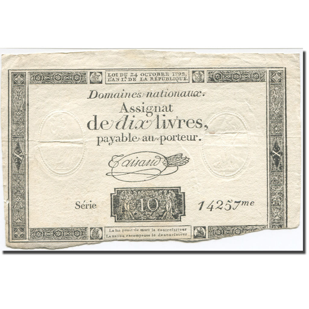 Francja, 10 Livres, 1792, Taisaud, 1792-10-24, EF(40-45), KM:A66b