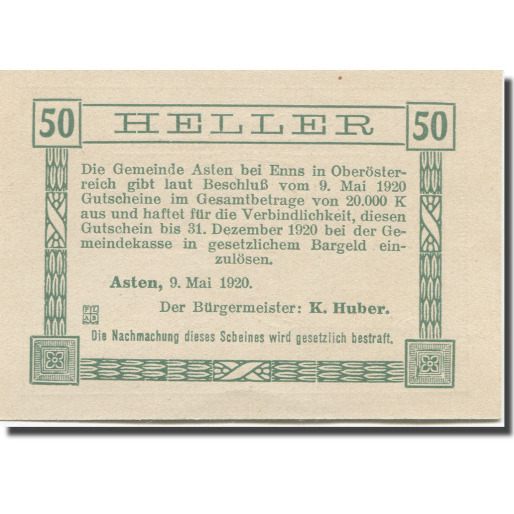Banknote, Austria, Asten, 50 Heller, Eglise 1920-12-31, UNC(63), Mehl:FS 59a