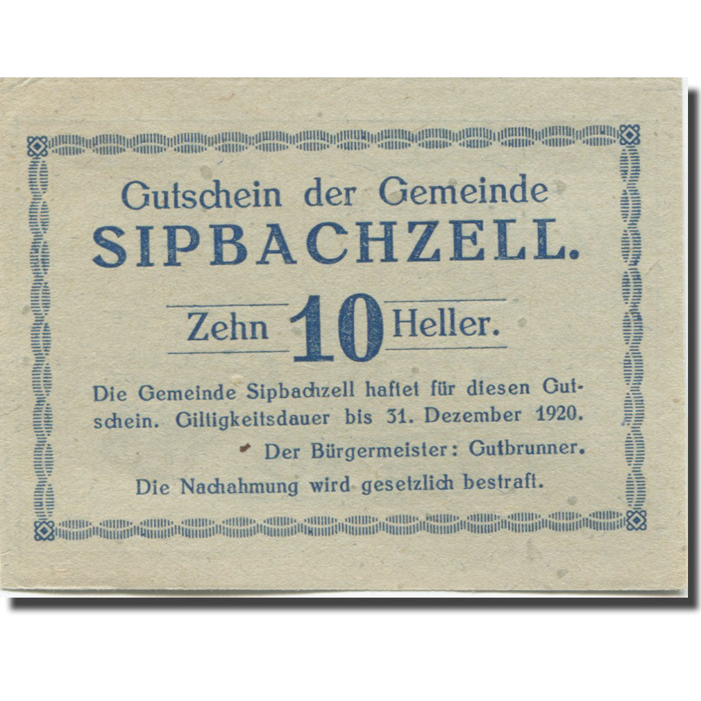 Banknote, Austria, Sipbachzell, 10 Heller face value 1920 AU(55-58) Mehl:FS 1000