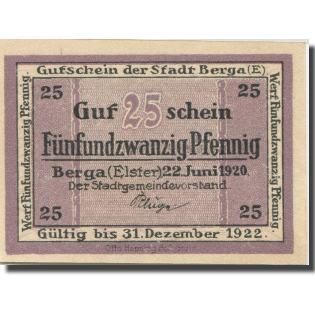 Banknote, Germany, Berga, 25 Pfennig, château 1922 UNC(63) Mehl:B24.1b