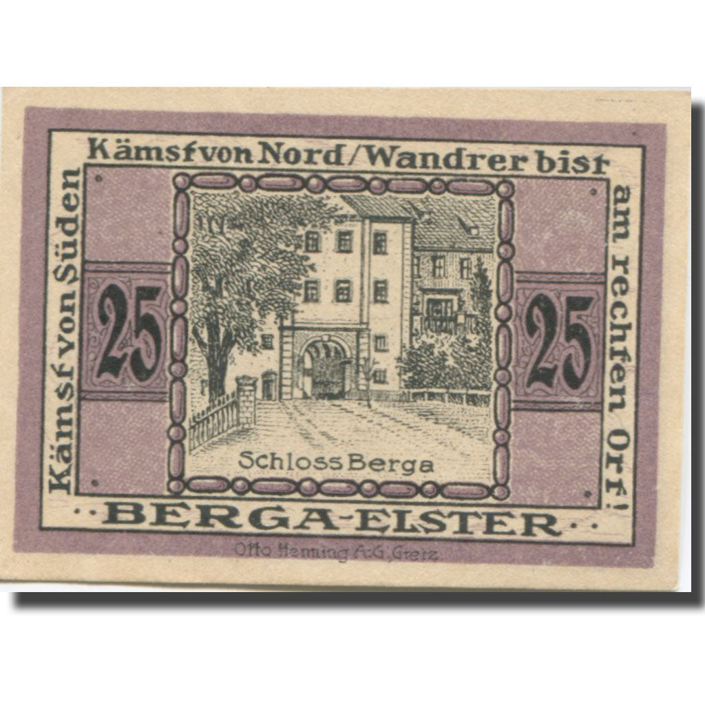 Banknote, Germany, Berga, 25 Pfennig, château 1922 UNC(63) Mehl:B24.1b
