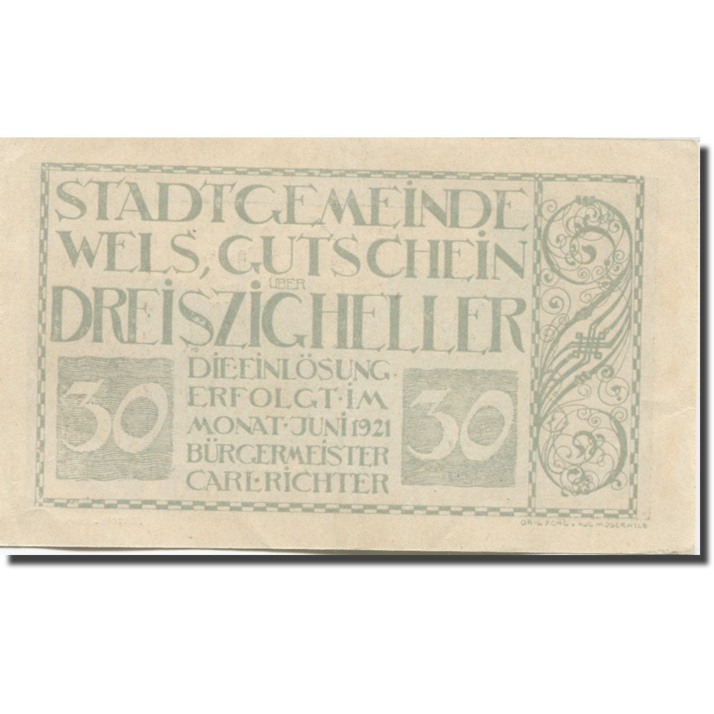 Geldschein, Österreich, Wels, 30 Heller, personnage, 1921, SS, Mehl:FS 1167