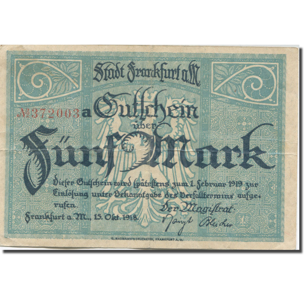 Banknote, Germany, Frankfurt, 5 Mark, Blason, 1919 EF(40-45) Mehl:152.02