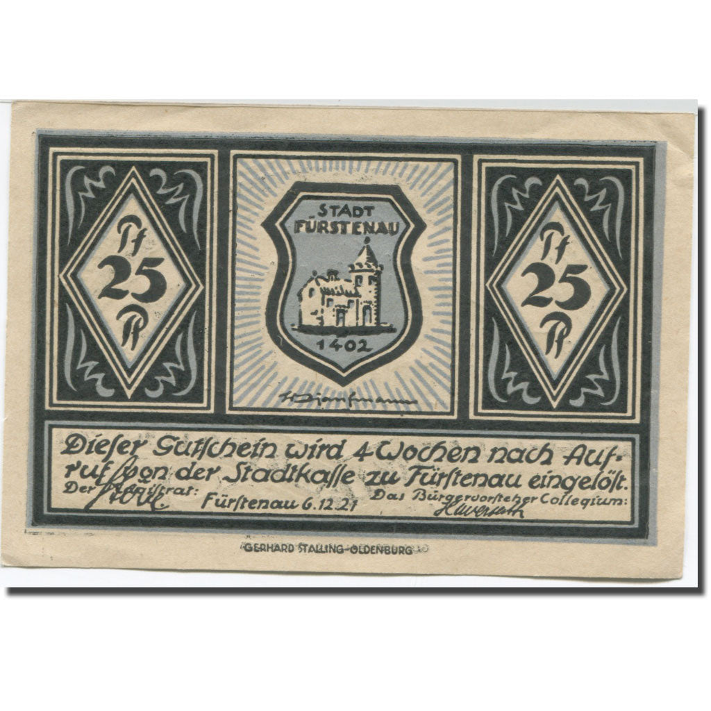 Banknote, Germany, Furstenau, 25 Pfennig, mairie, 1921 UNC(63) Mehl:400.1