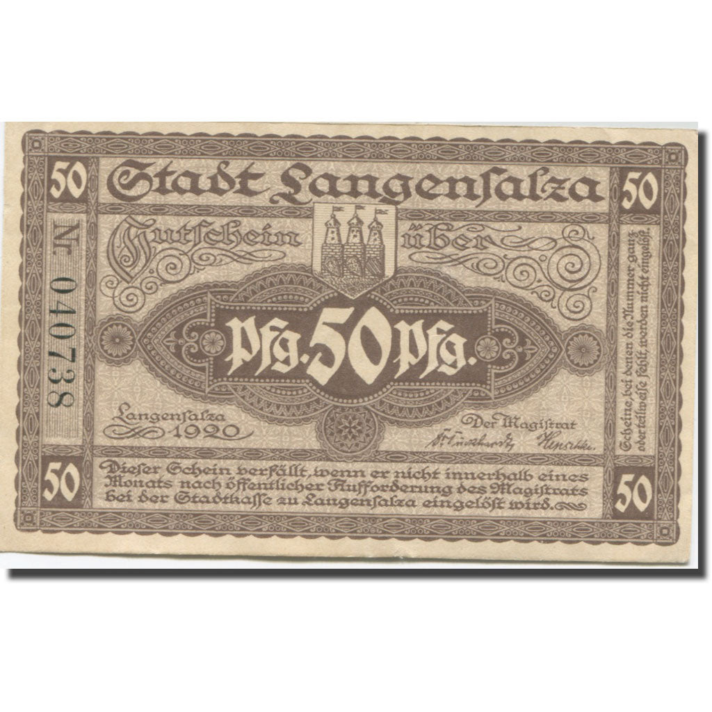 Banknote, Germany, Langensalza, 50Pfennig, château, 1920, UNC(60-62) Mehl:L12.6b