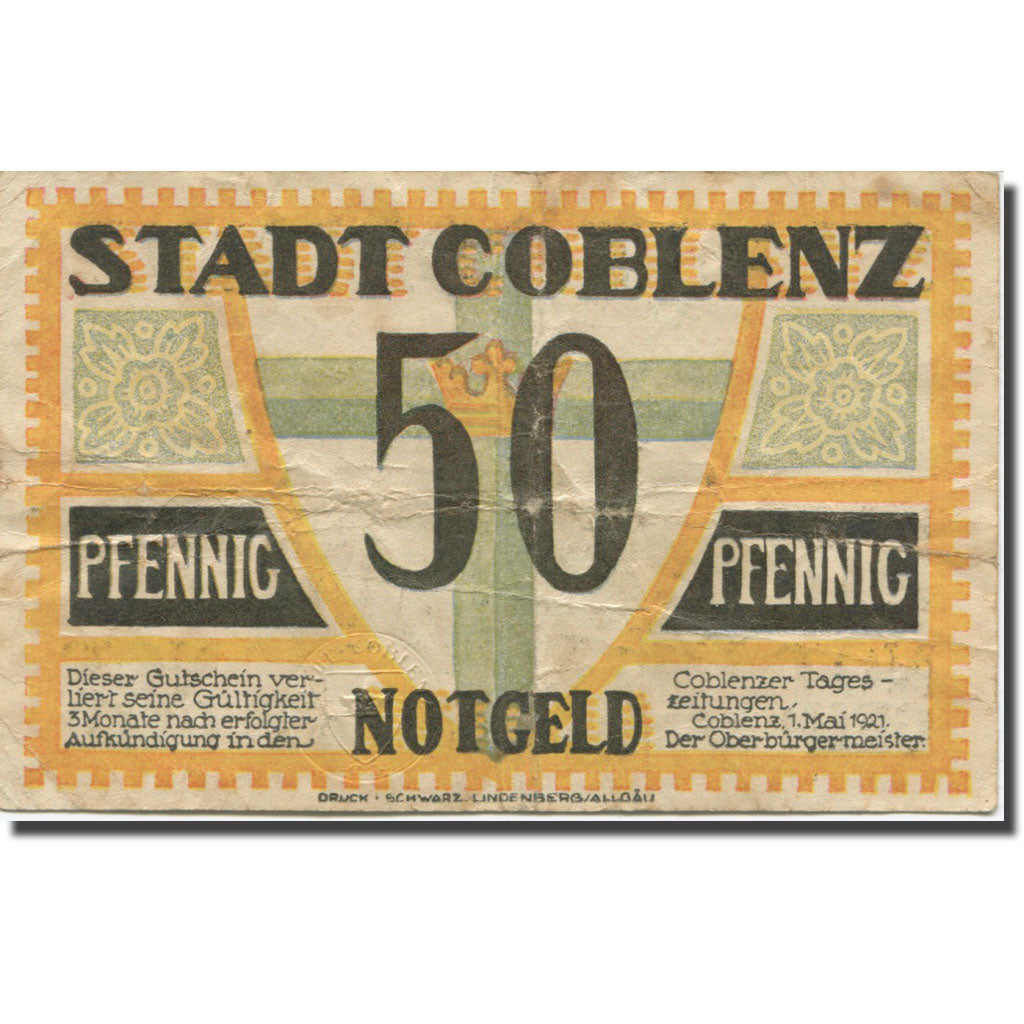 Banknote, Germany, Coblenz, 50 Pfennig, Blason, 1921 EF(40-45) Mehl:233.1a