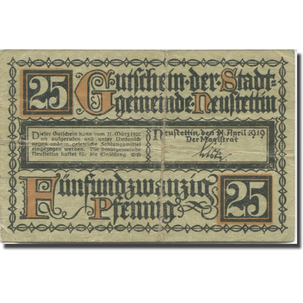Banknote, Germany, Neusttetin, 25 Pfennig, Blason, 1919, VF(20-25), Mehl:382.1
