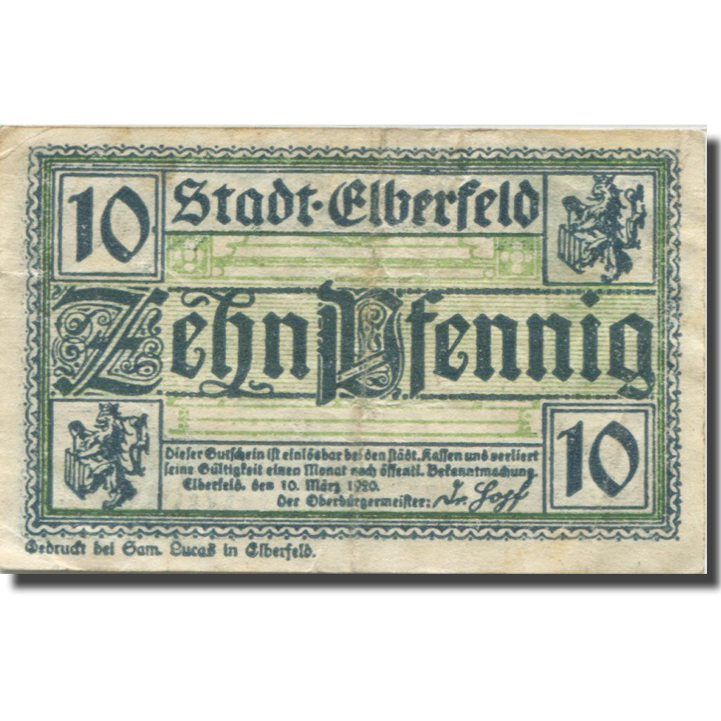 Banknote, Germany, Elberfeld, 10 Pfennig, Blason, 1920 EF(40-45) Mehl:E13.11