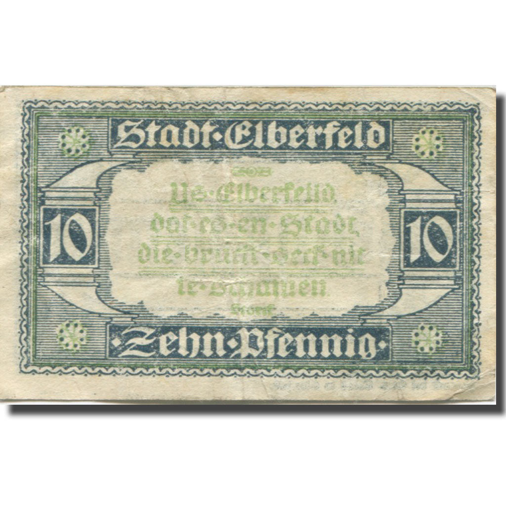 Banknote, Germany, Elberfeld, 10 Pfennig, Blason, 1920 EF(40-45) Mehl:E13.11