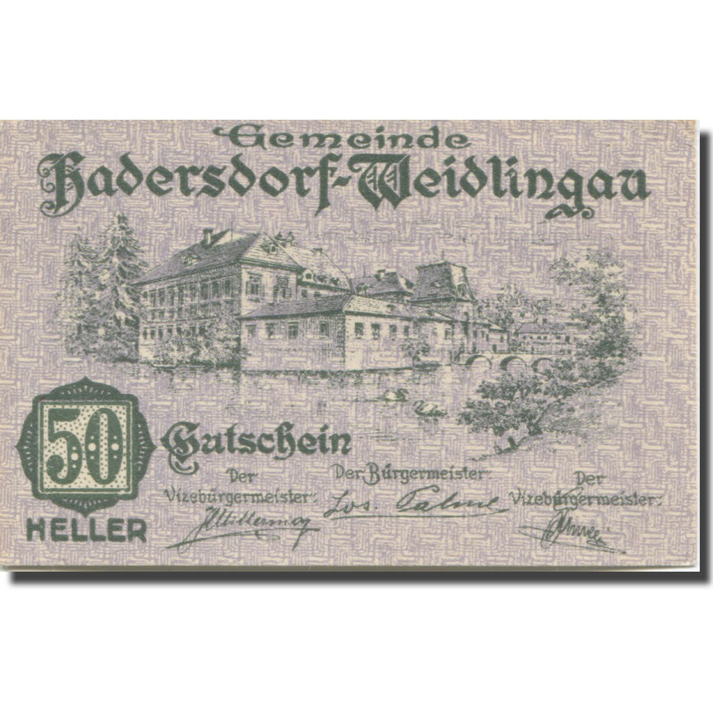 Banknote, Austria, Hadersdorf, 50 Heller, paysage, 1920 UNC(63) Mehl:FS 326