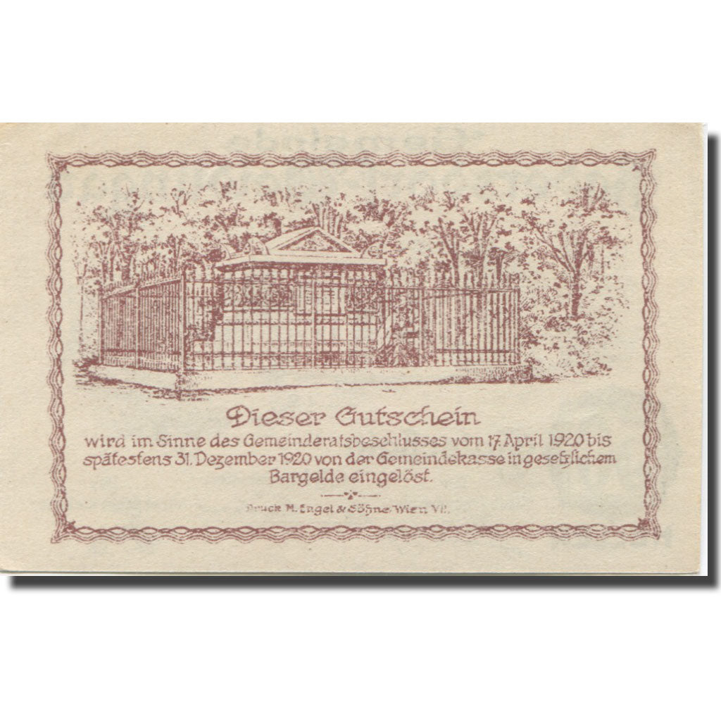 Banknote, Austria, Hadersdorf, 50 Heller, paysage, 1920 UNC(63) Mehl:FS 326