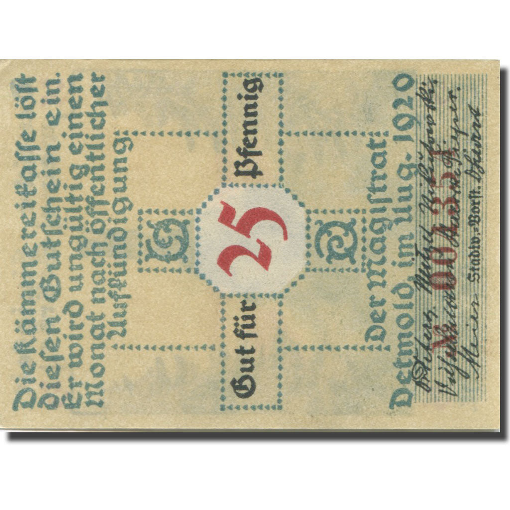 Banknote, Germany, Detmold, 25 Pfennig, Monument, 1920, UNC(63), Mehl:268.1b