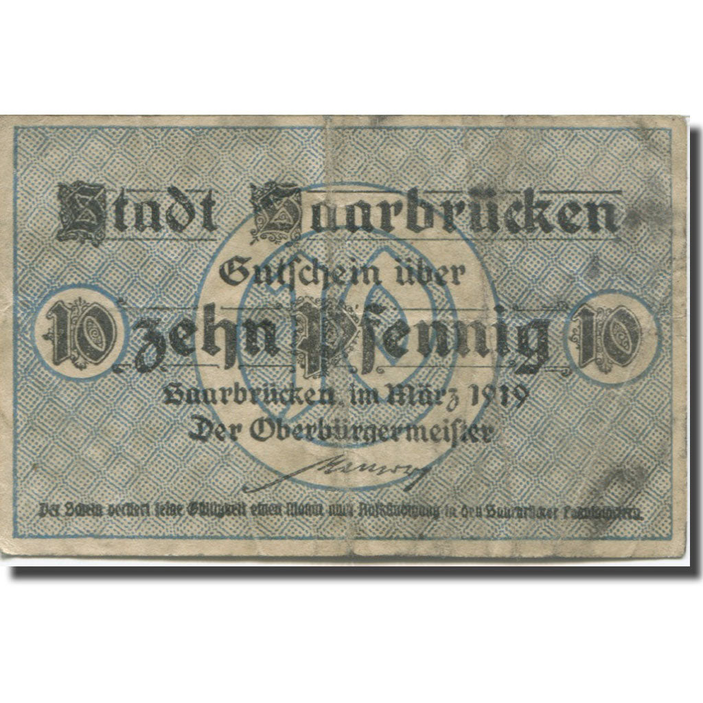 Banknote, Germany, Saarbrücken, 10 Pfennig, Blason, 1919, VF(20-25), Mehl:S 2.2