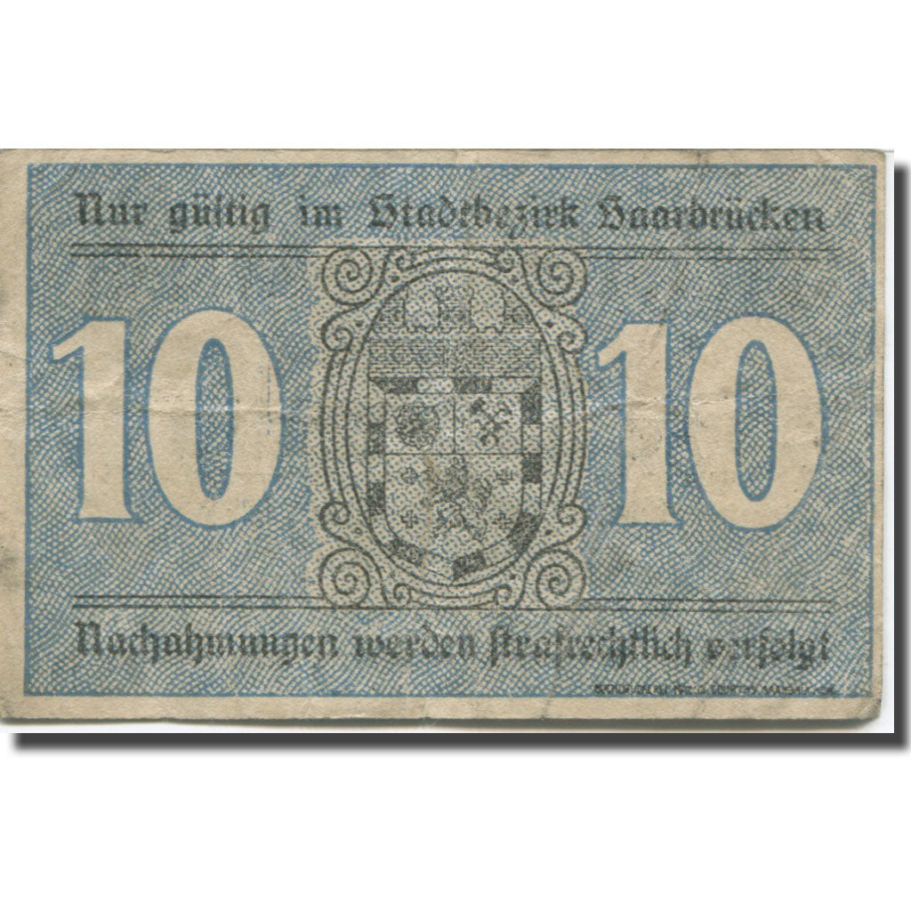 Banknote, Germany, Saarbrücken, 10 Pfennig, Blason, 1919, VF(20-25), Mehl:S 2.2