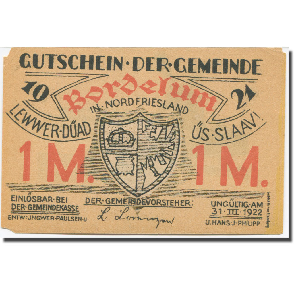 Banknote, Germany, Bordelum, 1 Mark, Blason, 1922 EF(40-45) Mehl:143.1