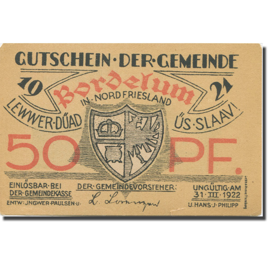 Banknote, Germany, Bordelum, 50 Pfennig, ferme, 1922 EF(40-45) Mehl:143.1
