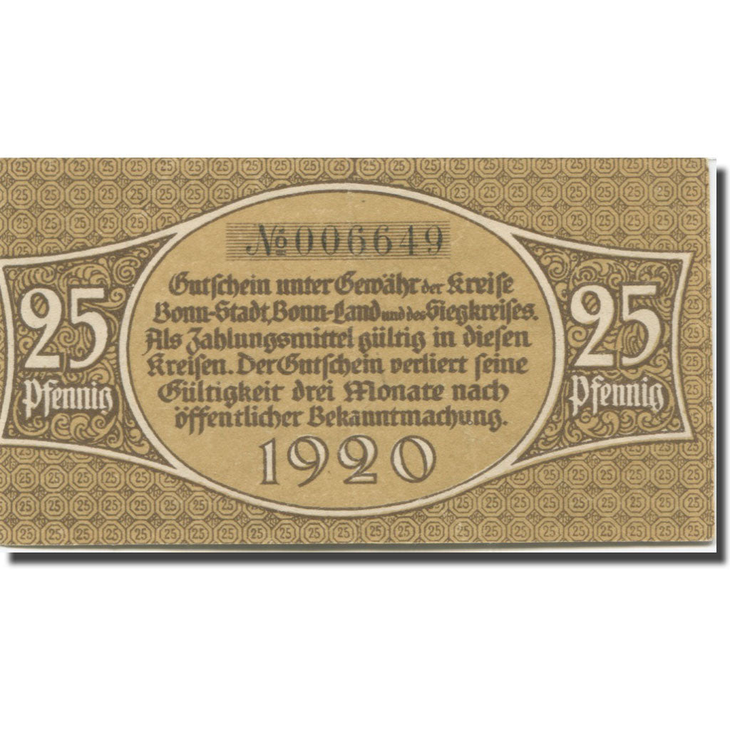 Banknote, Germany, Bonn, 25 Pfennig, personnage, 1920, EF(40-45), Mehl:74.6b