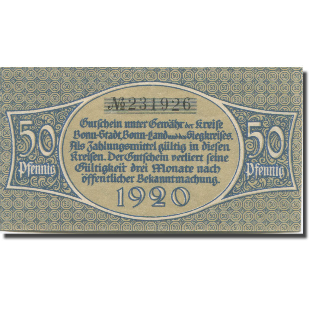 Banknote, Germany, Bonn, 50 Pfennig, personnage, 1920, UNC(63), Mehl:74.6b