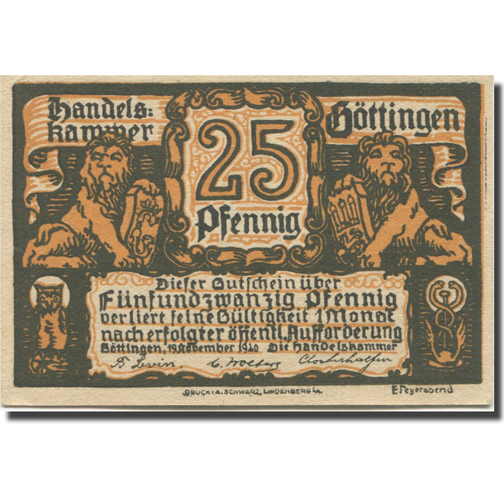 Banknote, Germany, Göttingen, 25 Pfennig, Lion, 1920 UNC(63) Mehl:G 25.6a