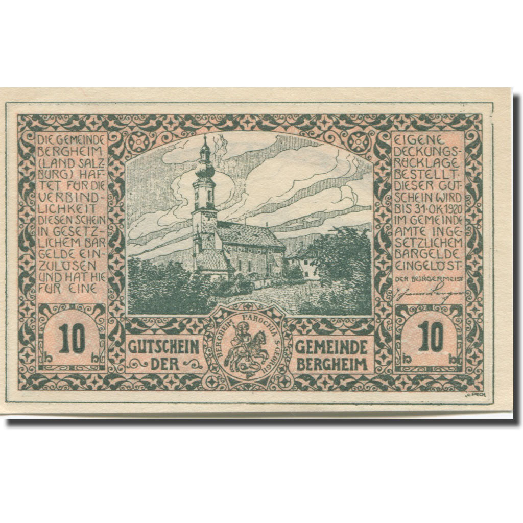 Banknote, Austria, Bergheim, 10 Heller, Eglise, 1920 UNC(63) Mehl:FS 82Ia